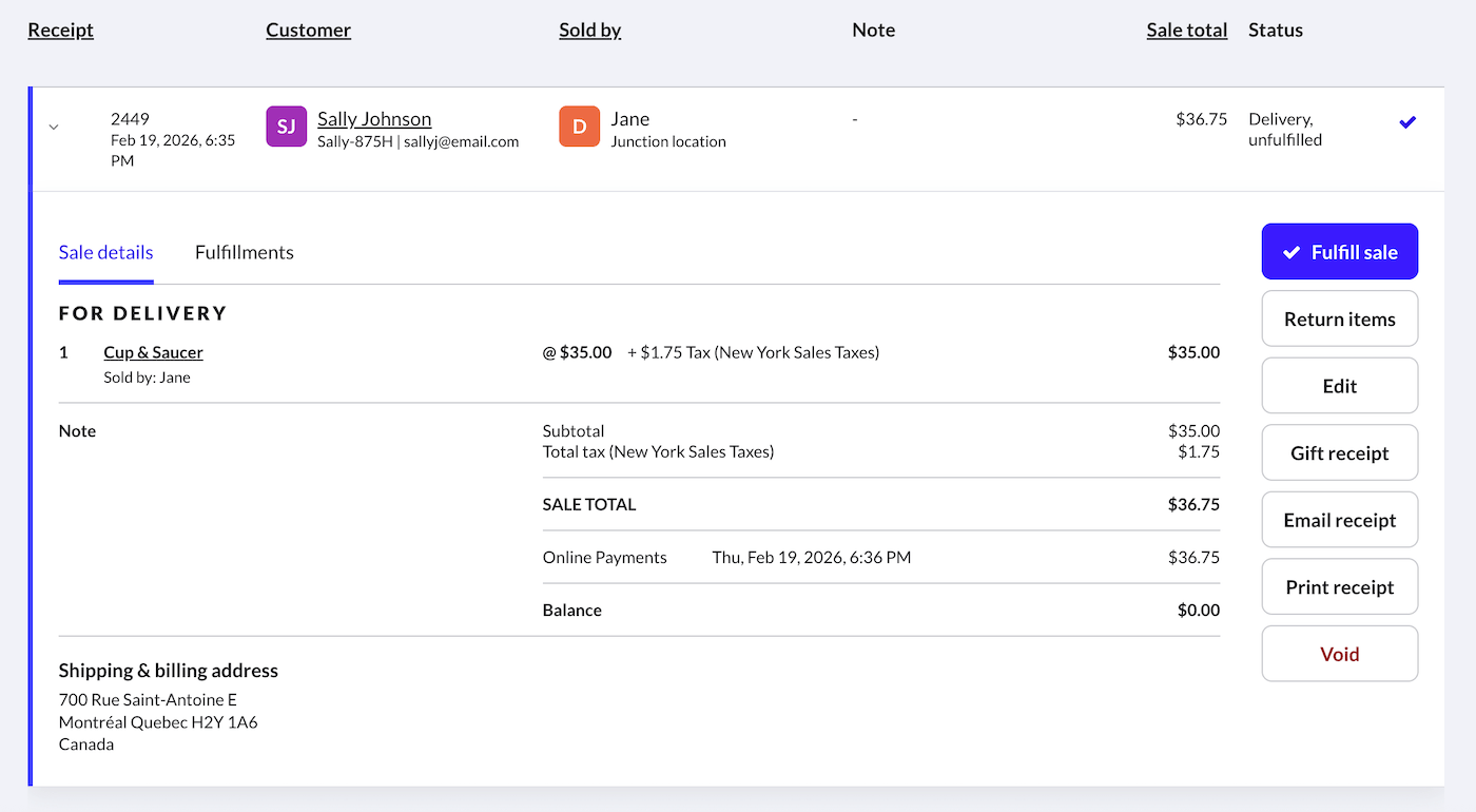 Expanded sales details showing Return items button.
