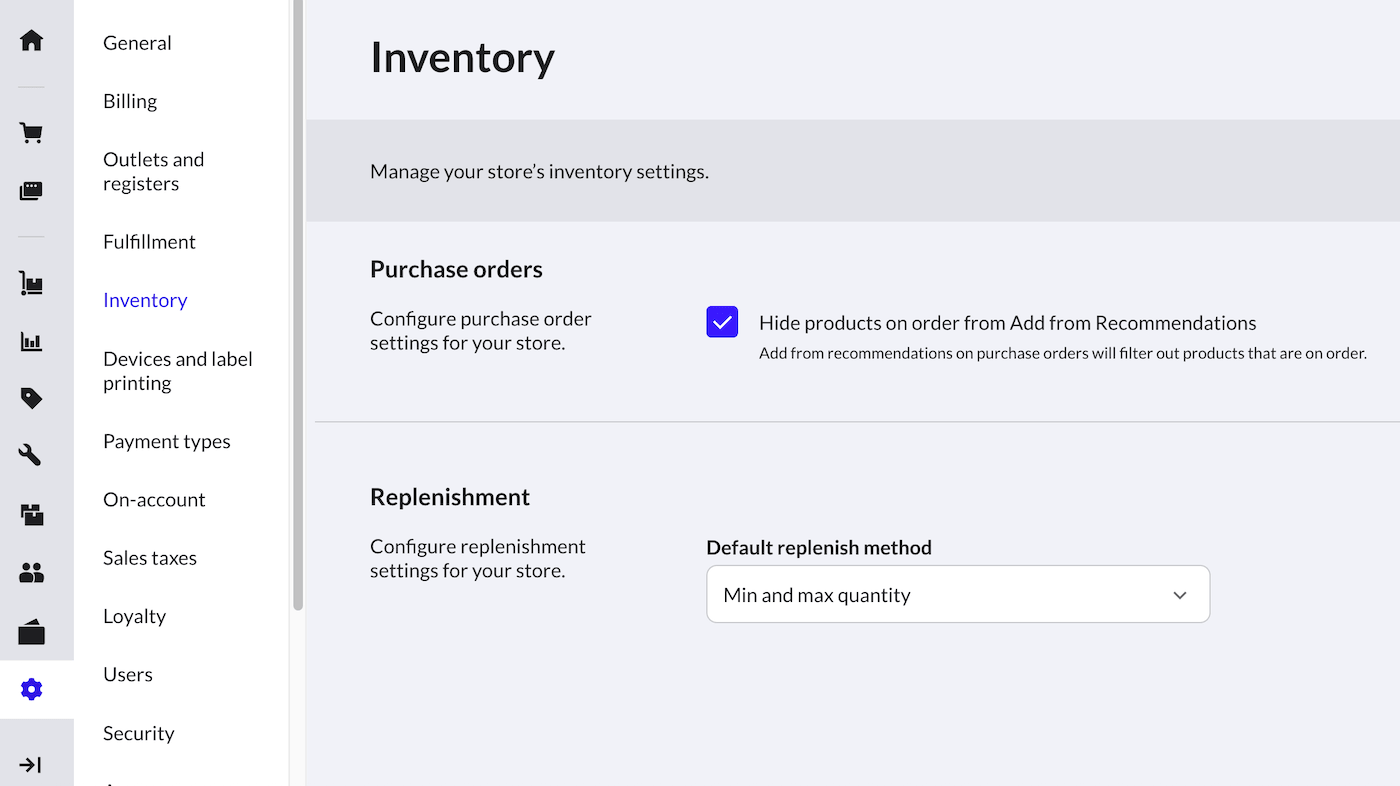 Inventory settings page showing Default replenish method dropdown.