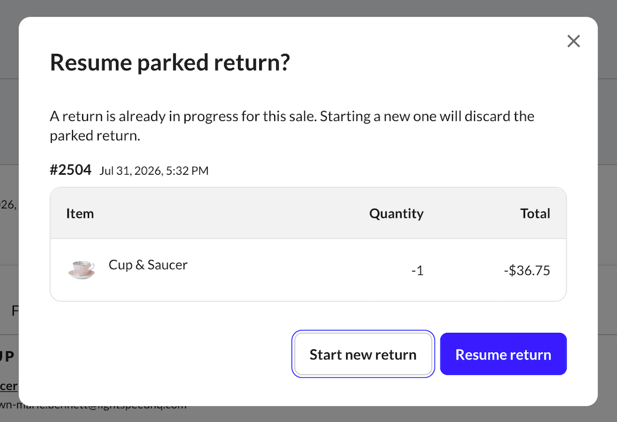 Resume parked return pop-up.