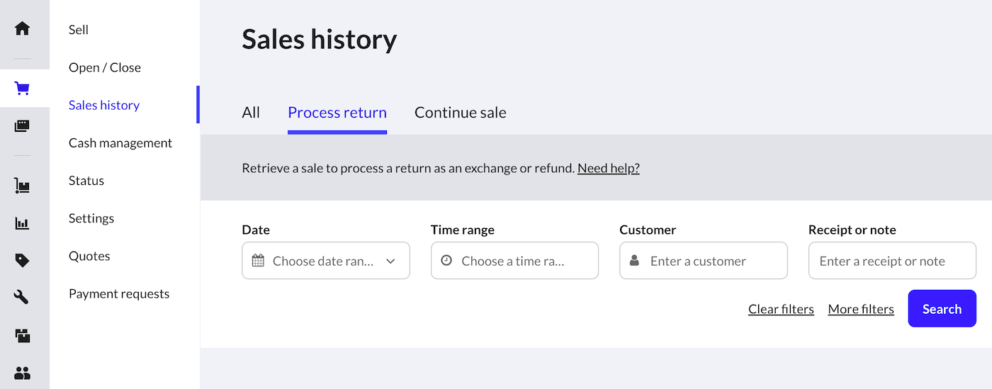 Sales history page with Process return tab active.