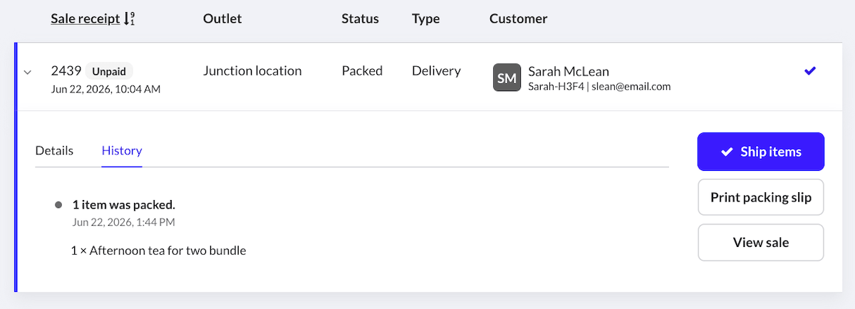 Item on the Fulfillment page with the History tab active.