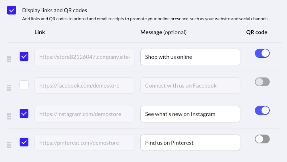 Display links and QR codes checkbox selected showing links to the eCom website and social media accounts, optional messages, and QR code toggled on.