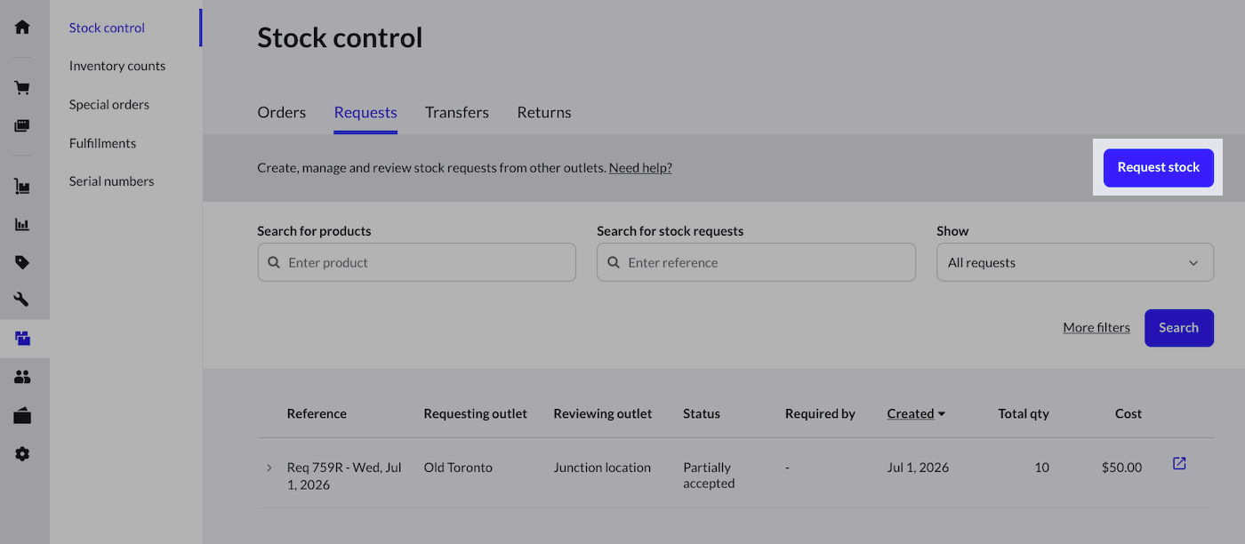 Stock control page showing Request stock button highlighted.