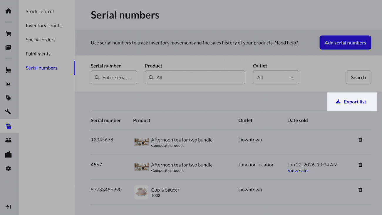 The export list button highlighted on the Serial numbers page.