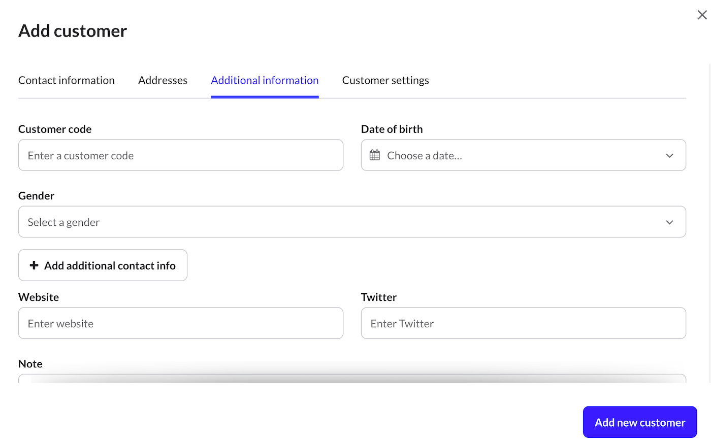 The Additional information tab showing several fields for entering customer information.