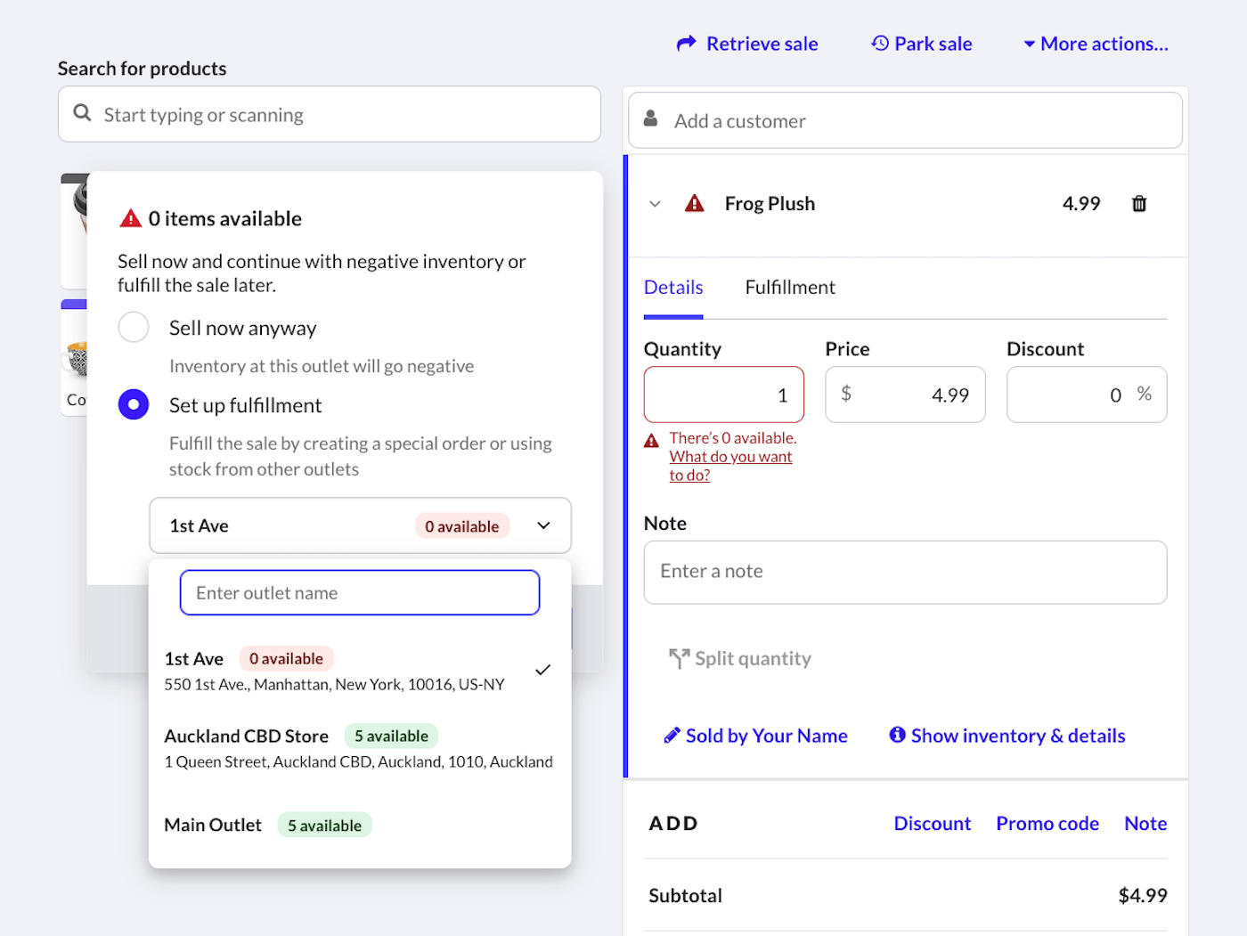 Set up fulfillment selected and outlet dropdown options displayed.