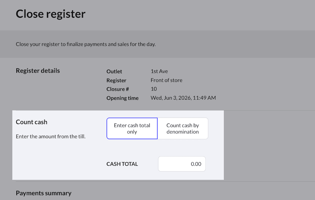 Close register page with Enter cash total only selected and Cash total field emphasized.