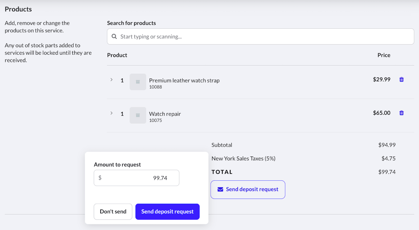 Section Produits de la page Modifier le service, montrant le bouton Envoyer une demande d'acompte et le champ pour saisir le montant à demander.