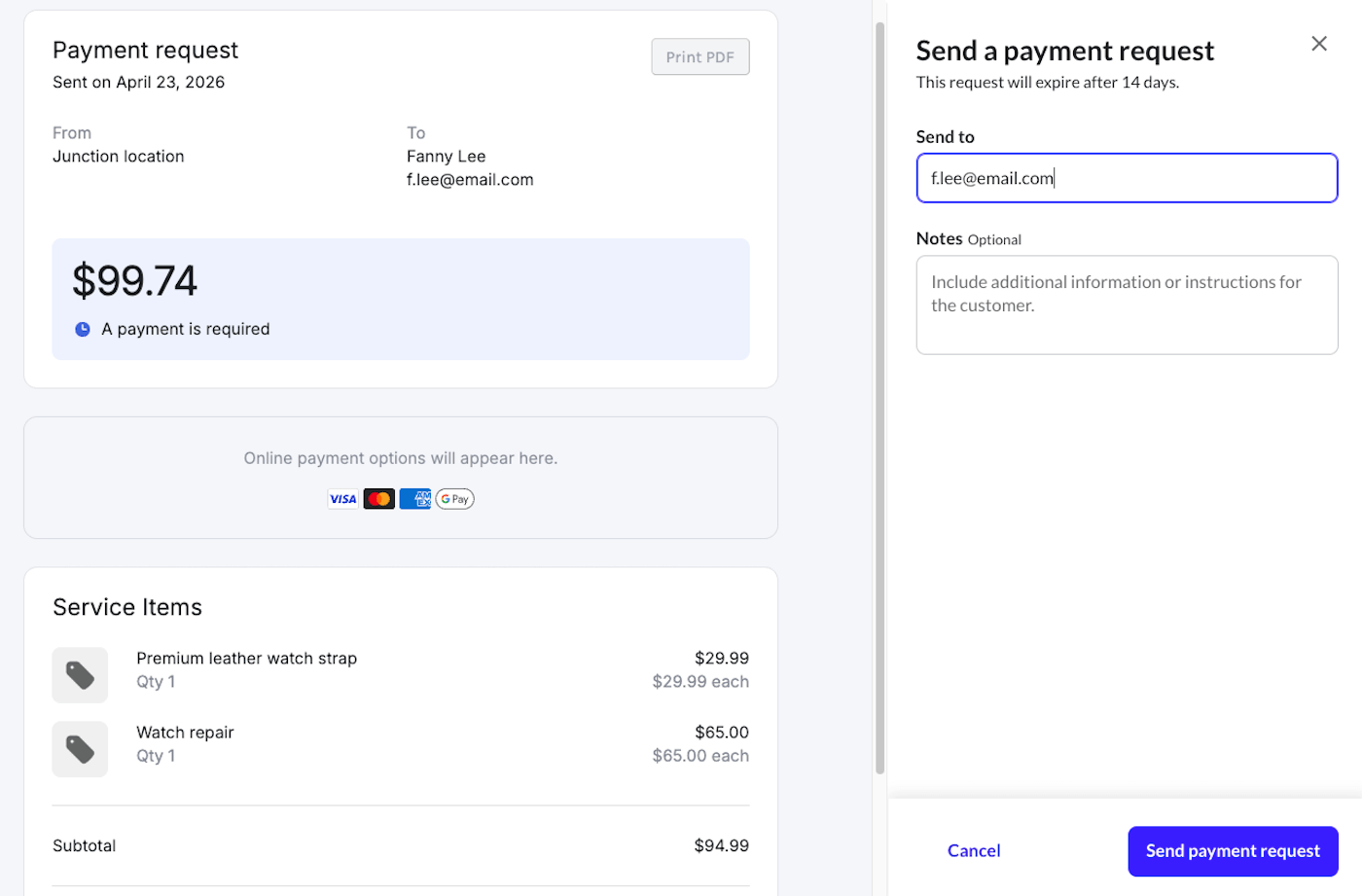 Aperçu du courriel à envoyer au client montrant le bouton « Envoyer la demande de paiement »