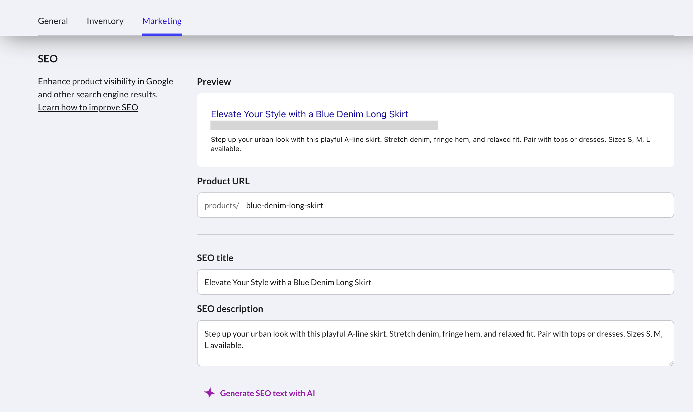SEO title and SEO description fields in the Marketing tab.png