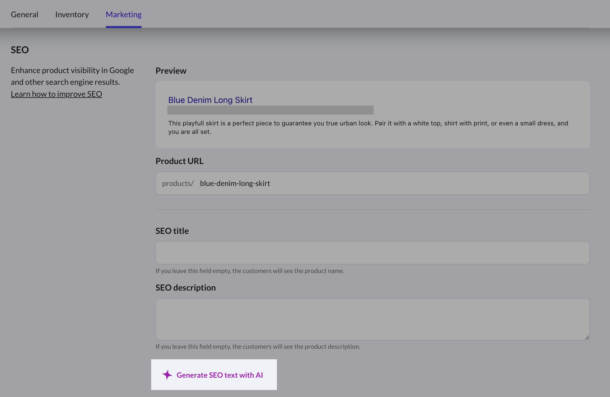 The Generate SEO text with AI link on the Marketing tab