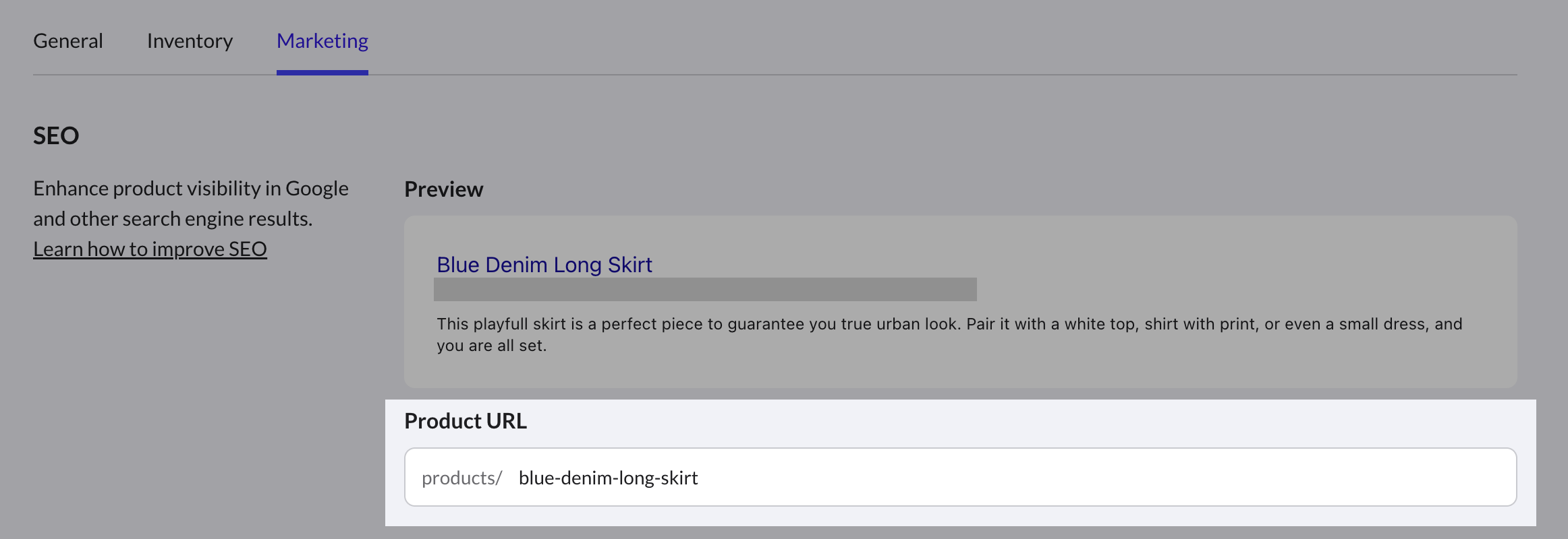 Product URL field on the Marketing tab