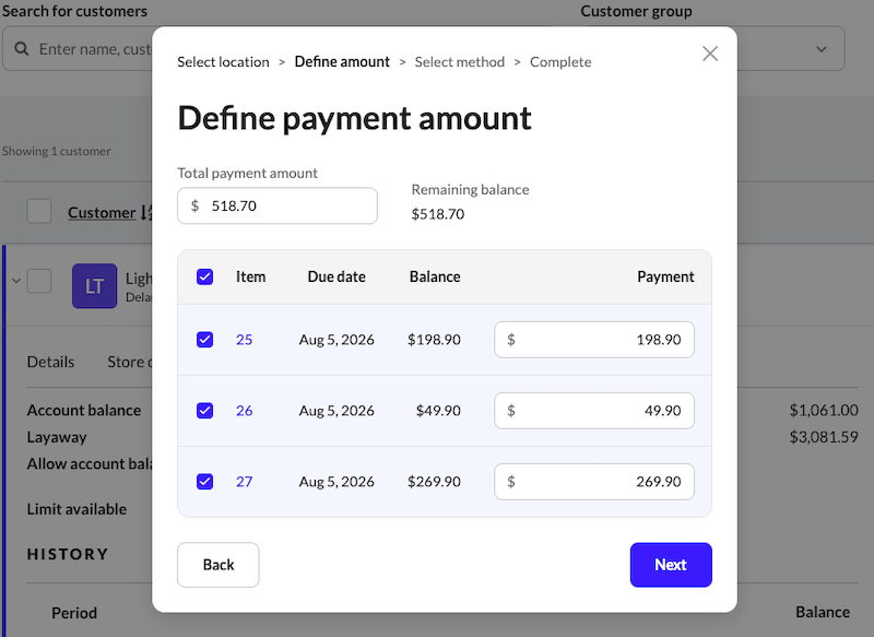 Define payment amount window with selected invoices and entered payment amounts.