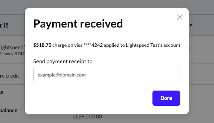 Payment received confirmation window with option to add email address.