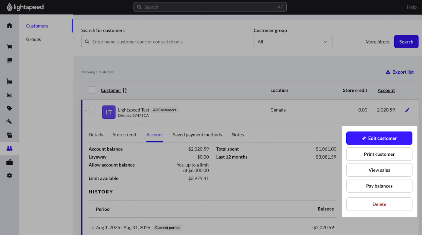 Expanded customer details on the Customers page with Pay balance and other options highlighted.