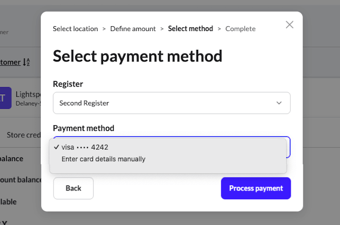 Select payment method window with active Payment method dropdown.