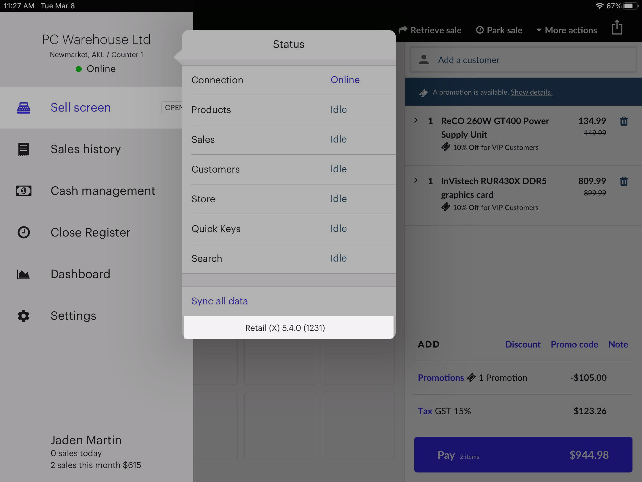 Retail POS (X) app version highlighted in the status window.