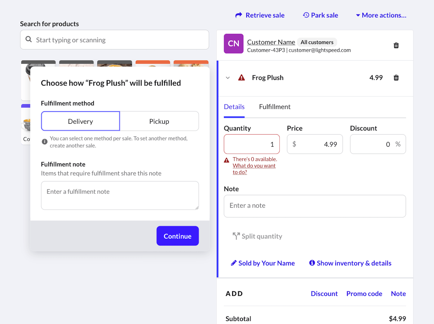 Options permettant de sélectionner la livraison ou le ramassage comme méthode d’exécution, ainsi que d’entrer une note sur la commande.
