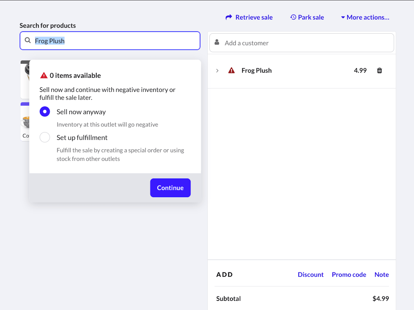 Article ajouté à la vente affichant 0 en stock, avec les options Vendre maintenant quand même ou Configurer le traitement.