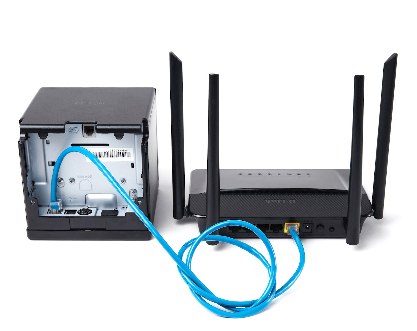 Devices connected through an Ethernet cable.