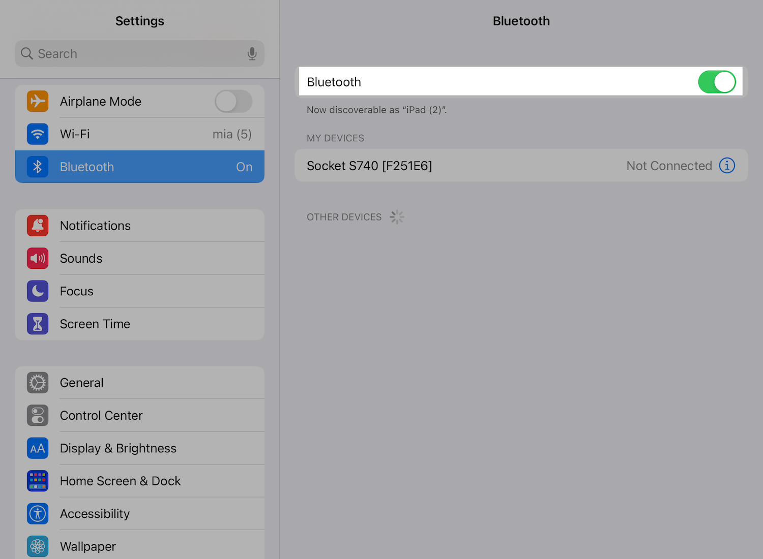 iPad settings page showing Bluetooth toggled on.