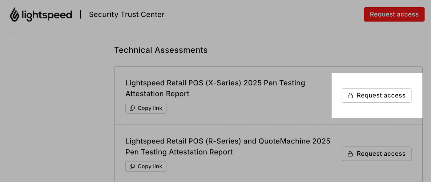 Security Trust Center reports page with Request access button highlighted.