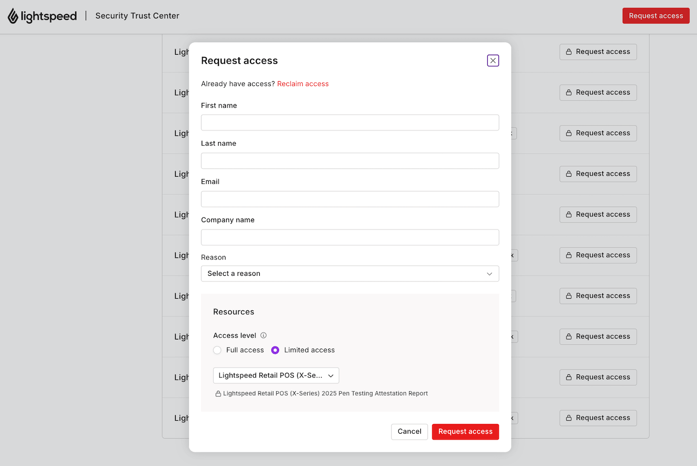 Security Trust Center with Request access form pop-up.
