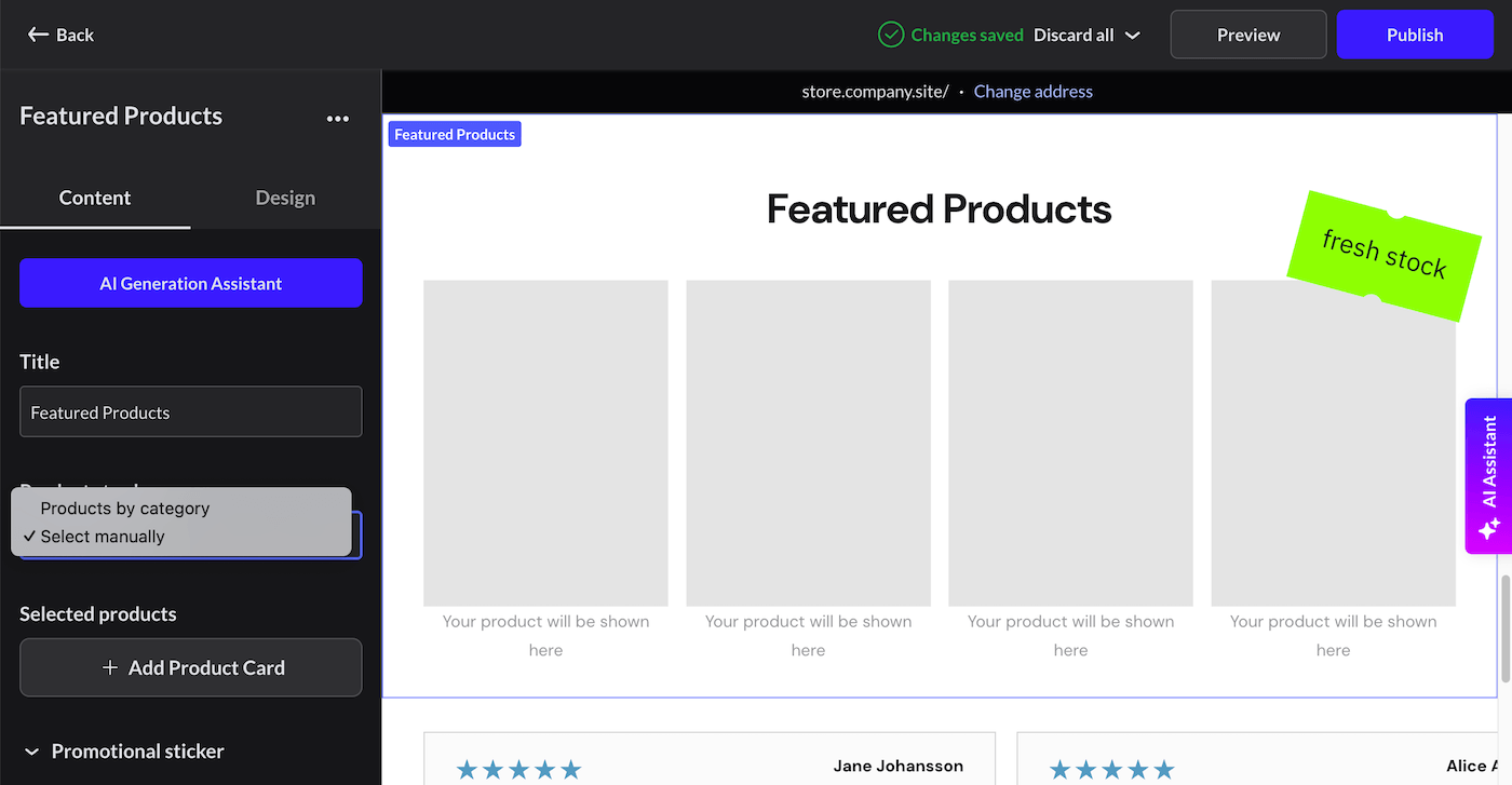 Gedeelte met 'Uitgelichte producten' van de sitebuilder waarop het vervolgkeuzemenu 'Te tonen producten' is geactiveerd.