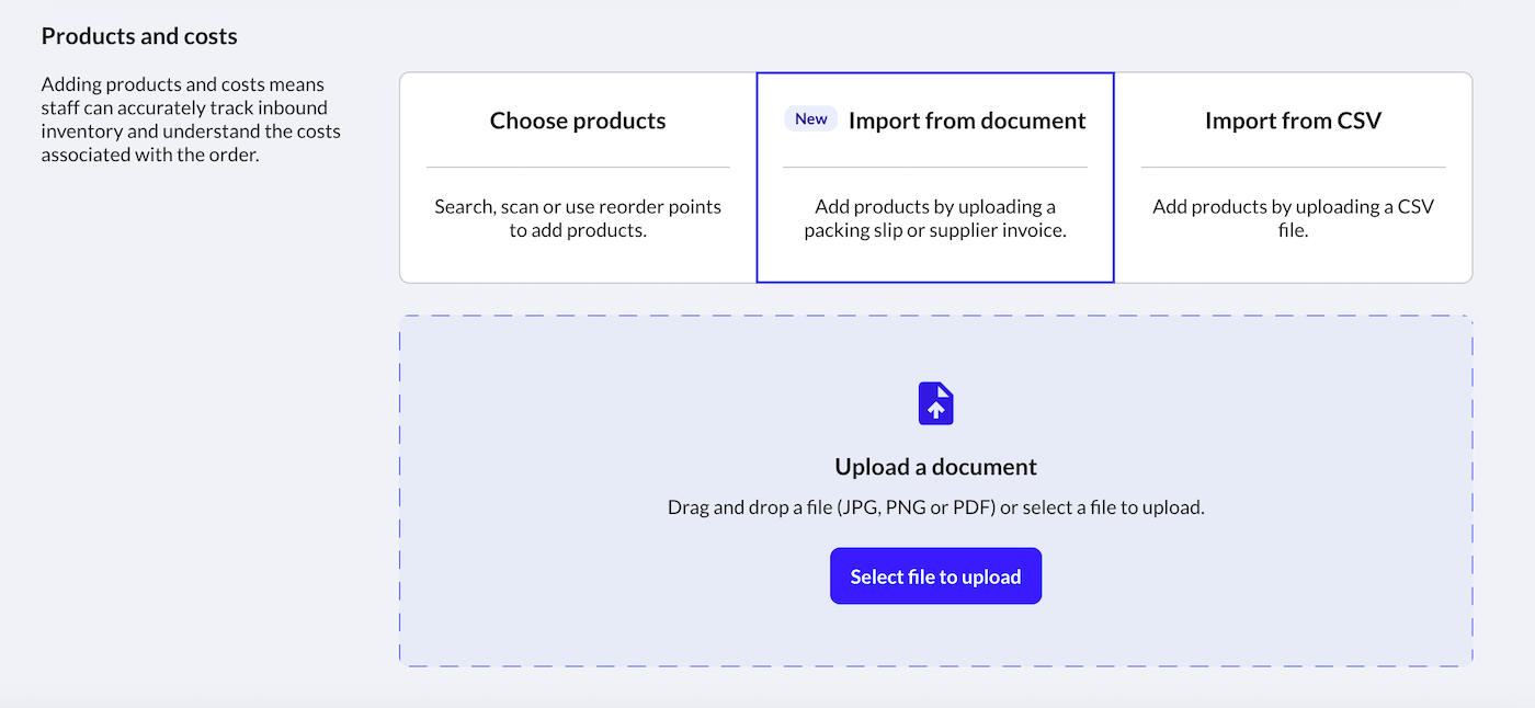 Import from document card selected with option to upload file.