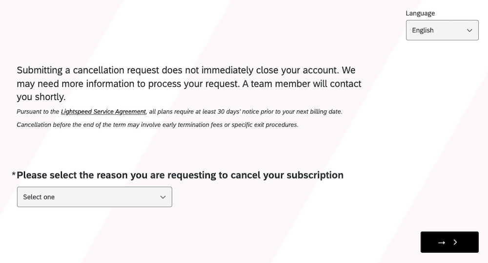 Cancellation form page with terms and cancellation reason dropdown.