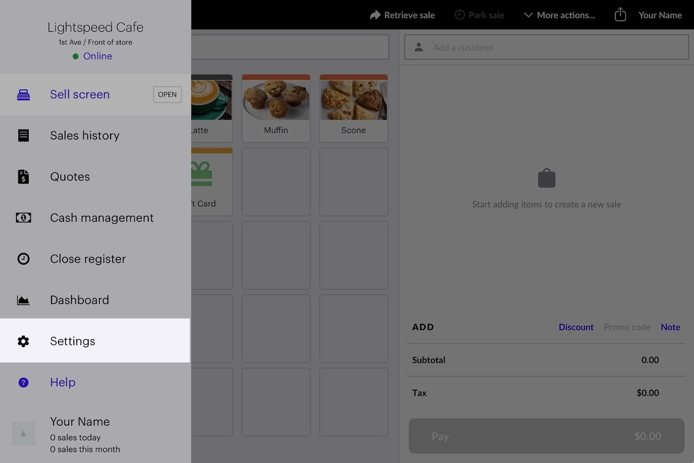 Retail POS app with Settings emphasized.