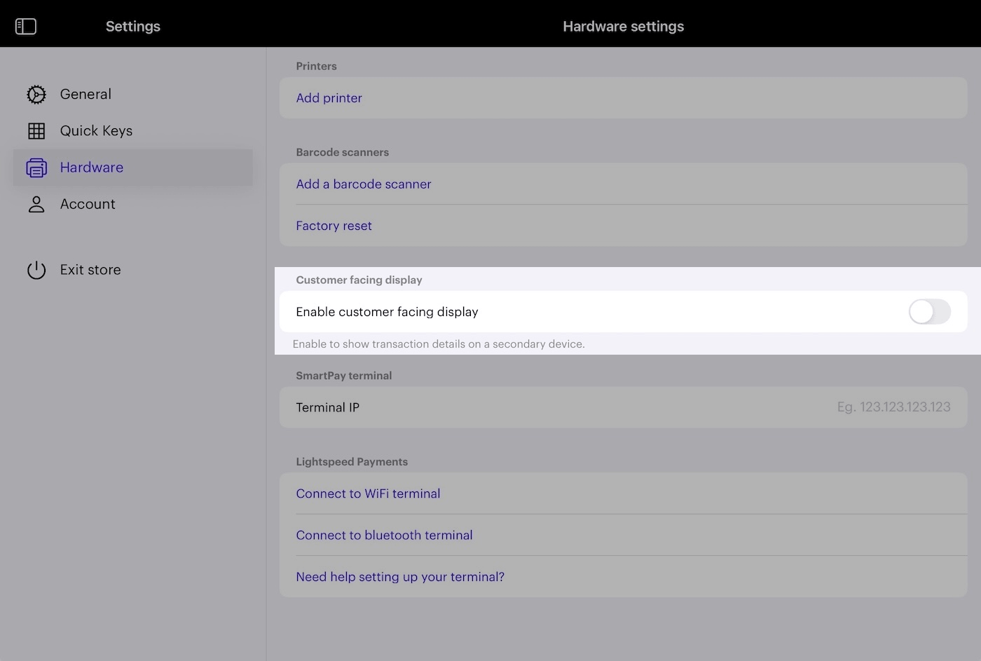 Hardware page under Settings, with Enable customer-facing display toggle emphasized.