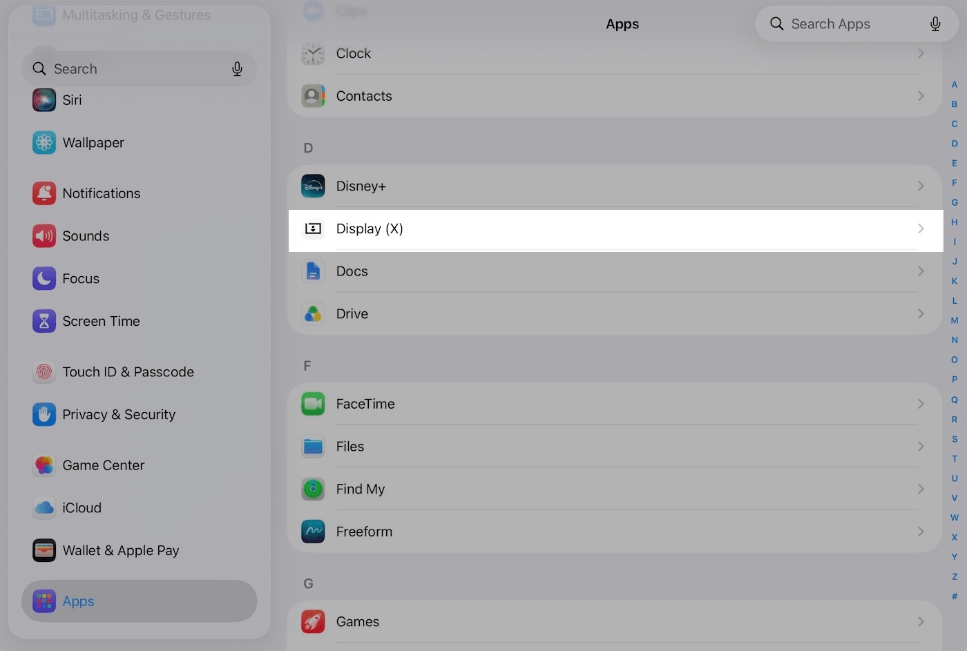 Settings app with Apps chosen and Display (X) emphasized.
