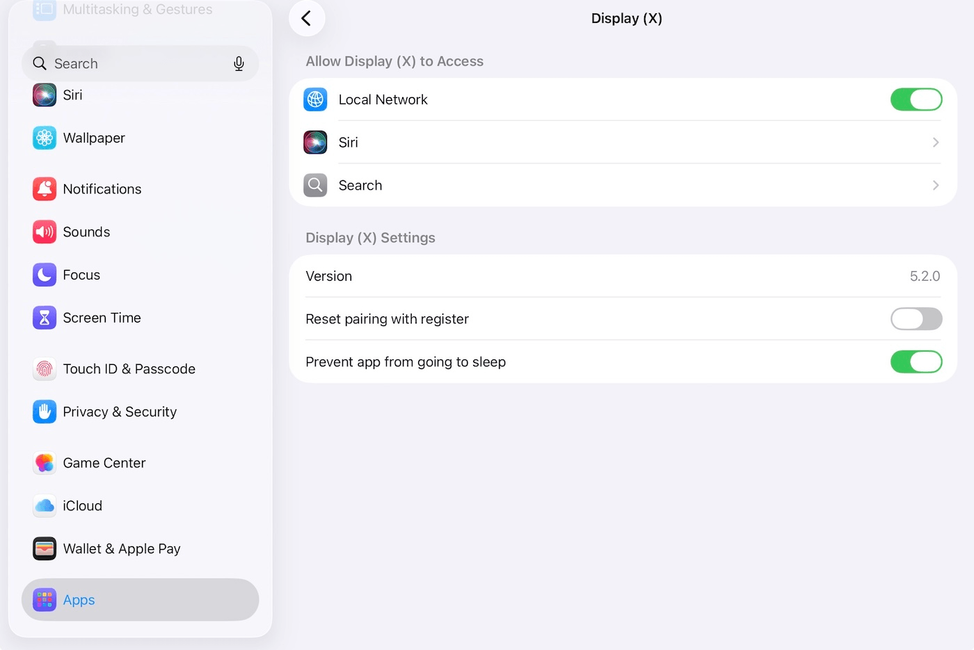 Display (X) app settings page showing Prevent app from going to sleep toggle.