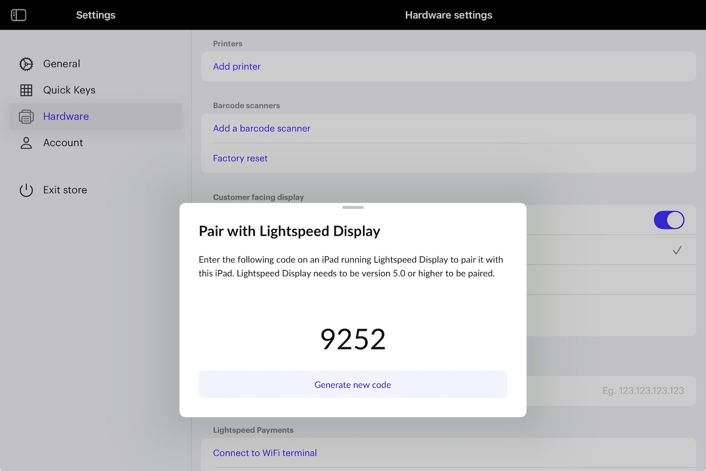 Pop-up window showing 4-digit code to pair with Lightspeed Display.