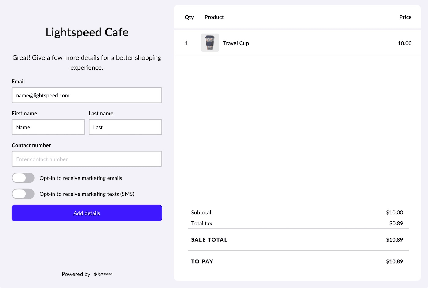 Customer-facing display with options to add First name, Last name, Contact number, toggle to Opt-in to receive marketing email, and toggle to Opt-in to receive marketing texts (SMS).