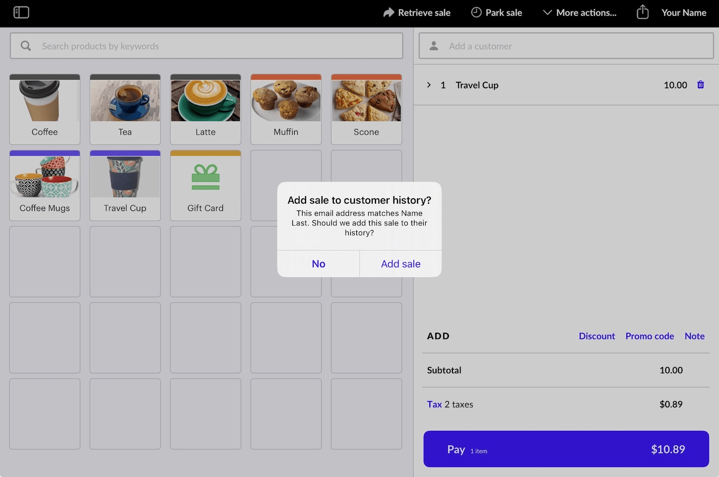 Pop-up prompting to save the sale to the customer's sales history.