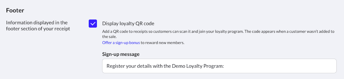 Selectievakje voor het weergeven van de loyalty-QR-code aangevinkt, met een aanmeldbericht voor klanten.