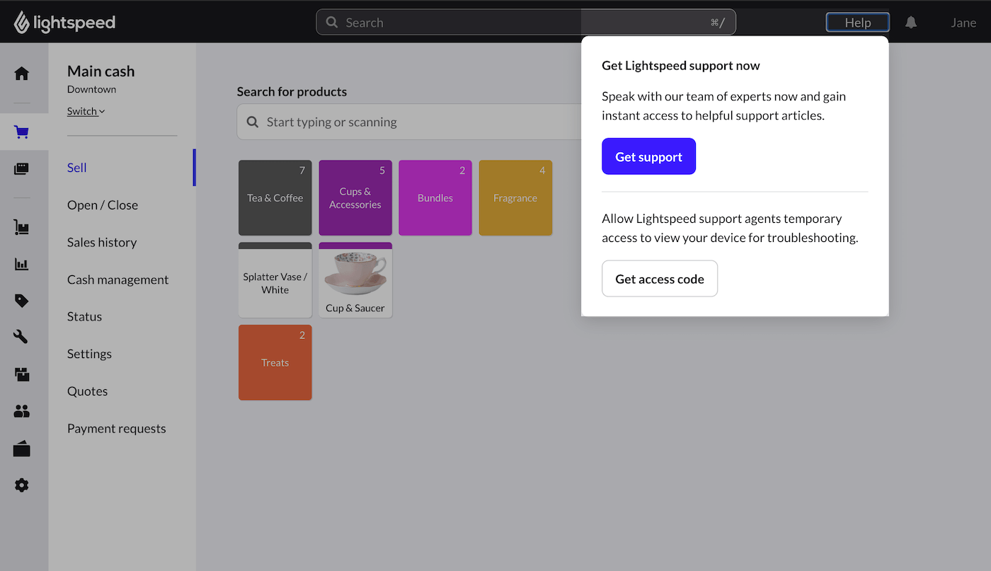 Retail POS met de pop-up Help die de knop 'Support krijgen' toont.