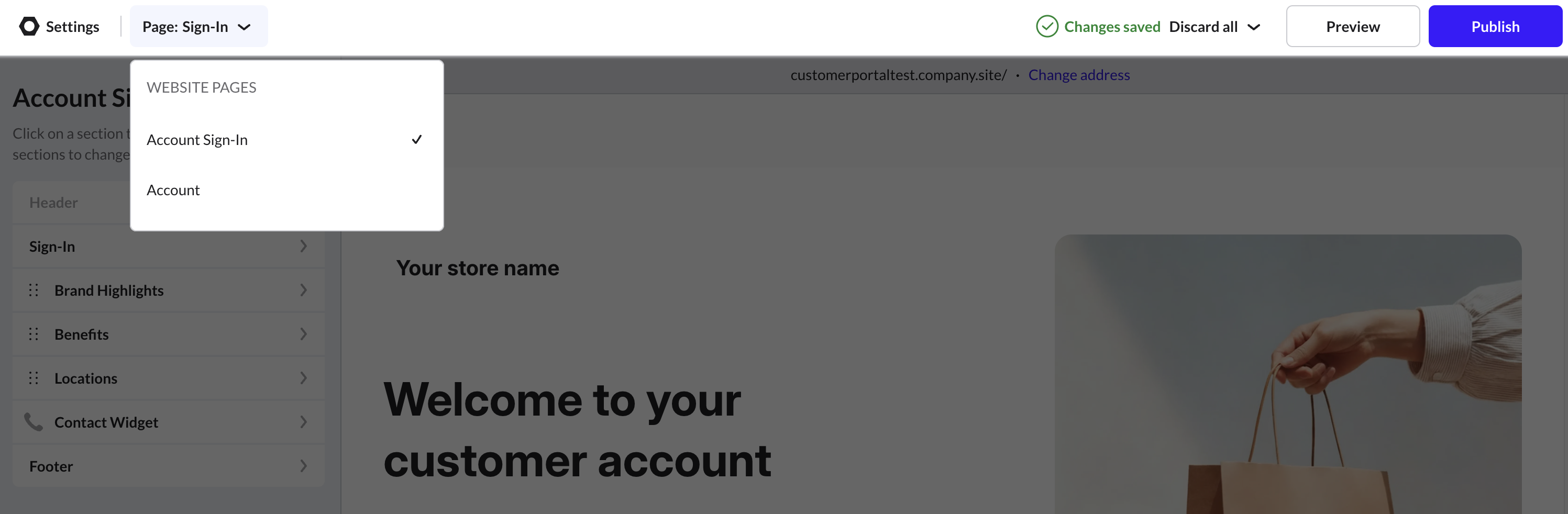 Page dropdown in the Customer Accounts webpage editor