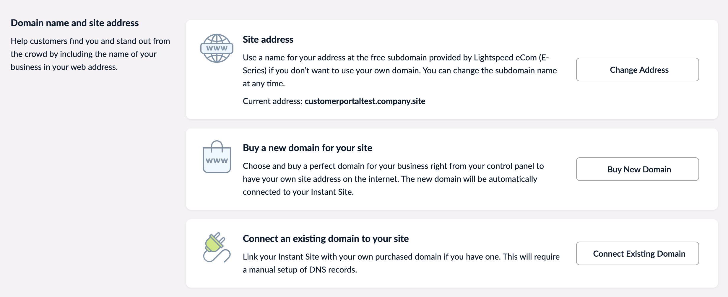 The Domain name and site address block with three URL setup options