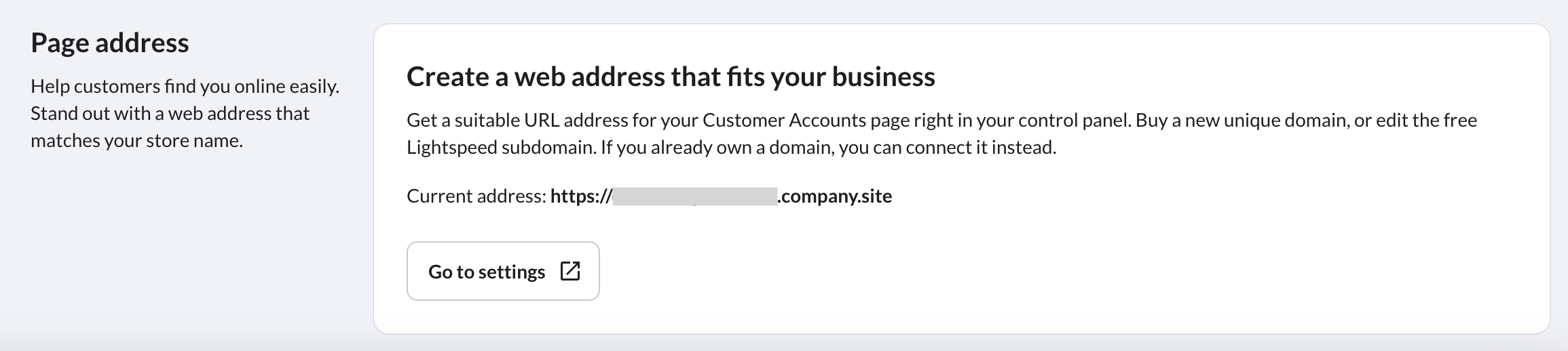  Page address block with the Go to settings button