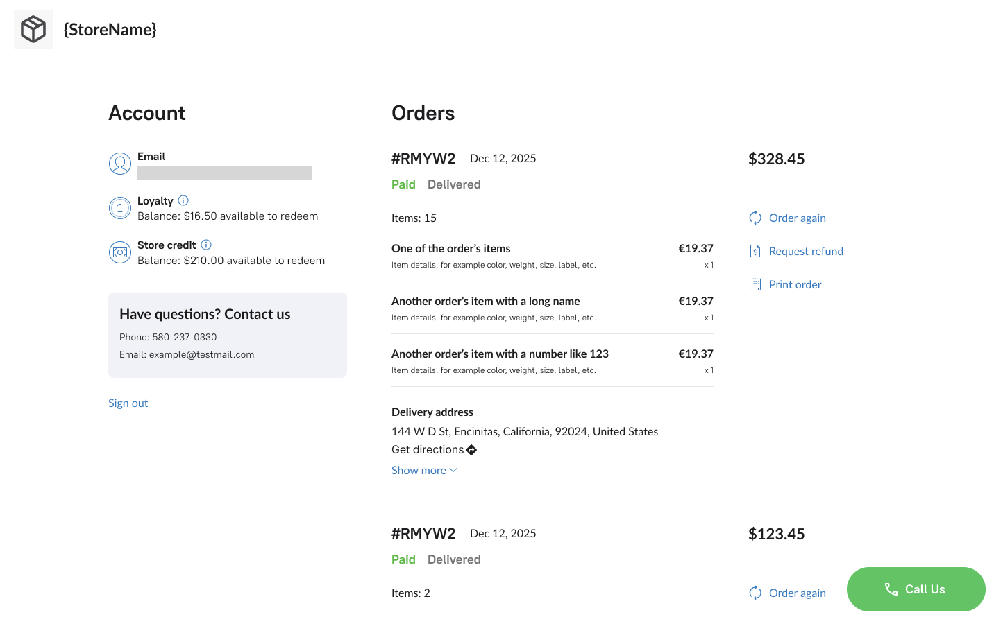 An example of the account page customers see after they sign in