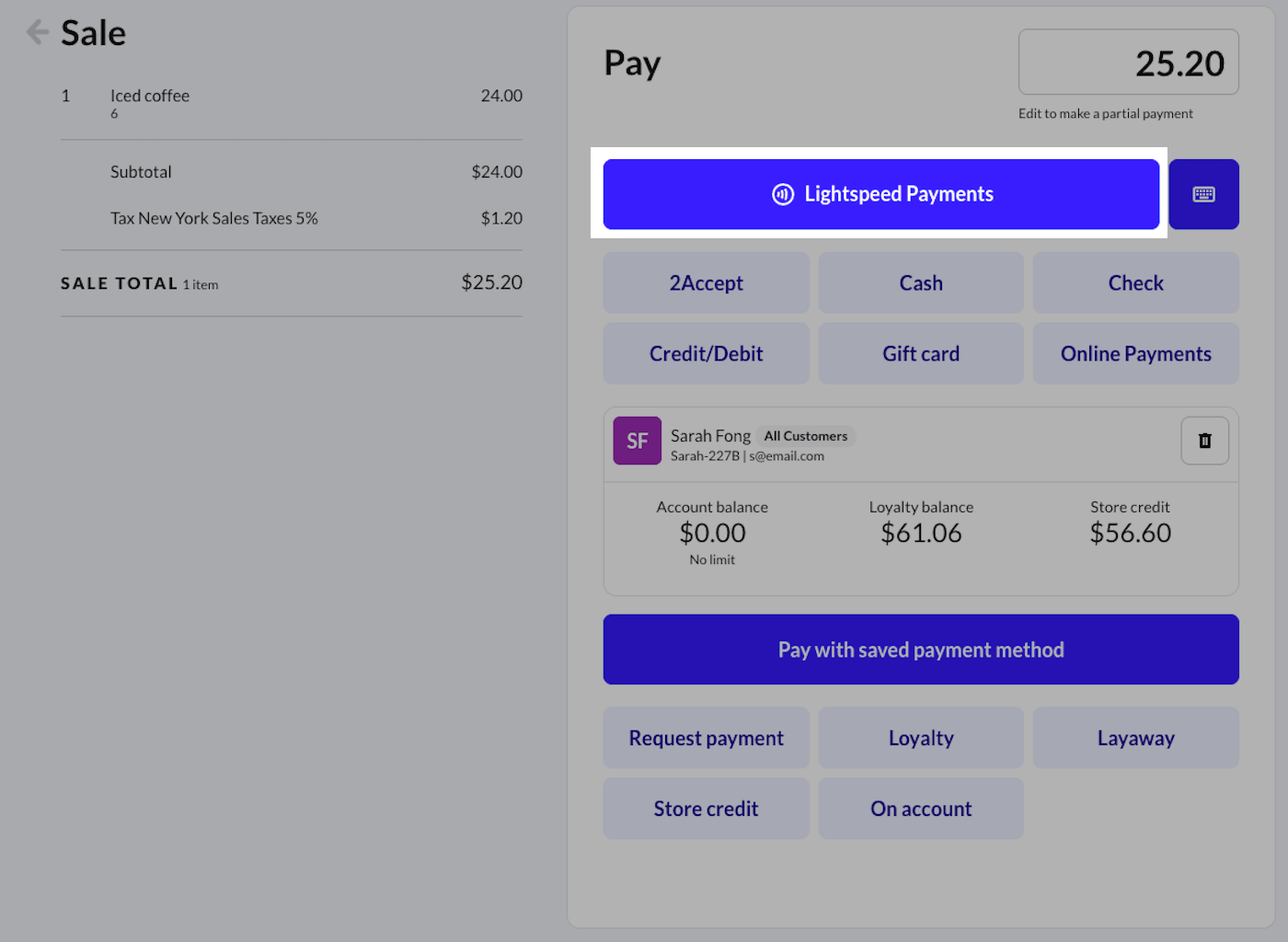 Lightspeed payments button on the sale screen.