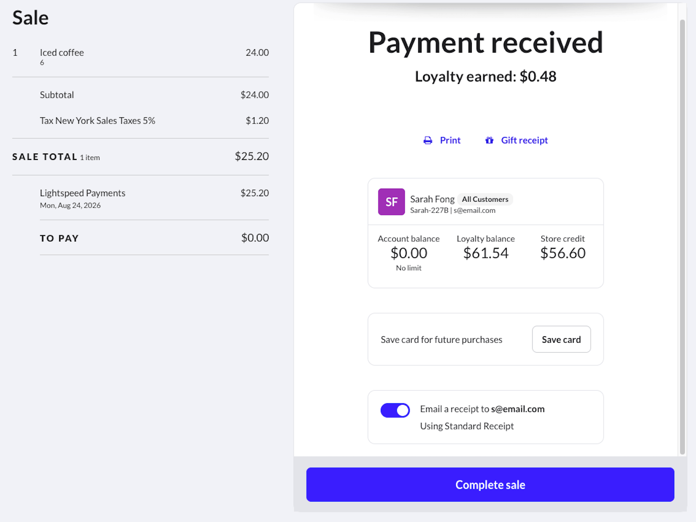 Complete sale screen showing Save card button and toggle for emailing customer receipt.