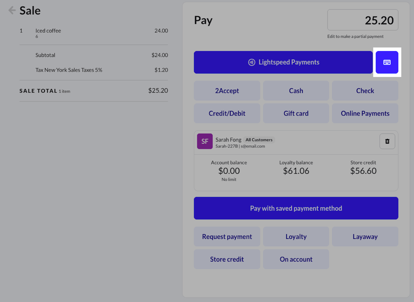 Keyboard icon button beside the Lightspeed Payments button on the sale screen.