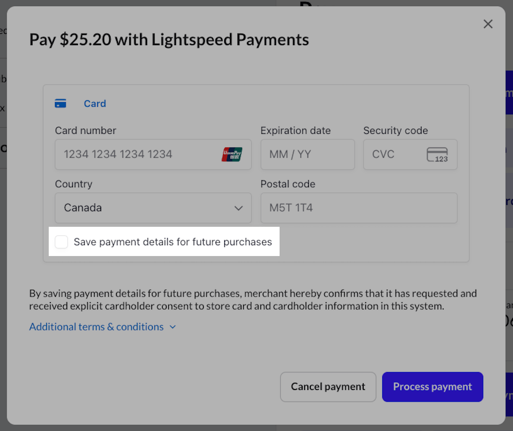 Enter card details manually screen showing checkbox to save customer payment details for future purchases.