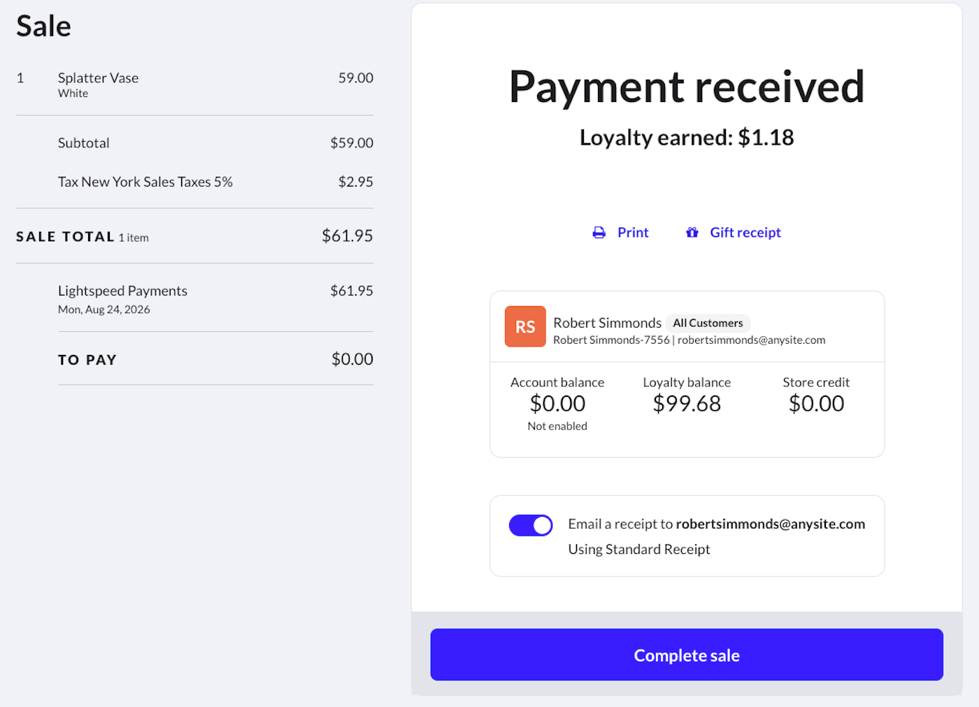 Complete sale screen showing toggle for emailing customer receipt.