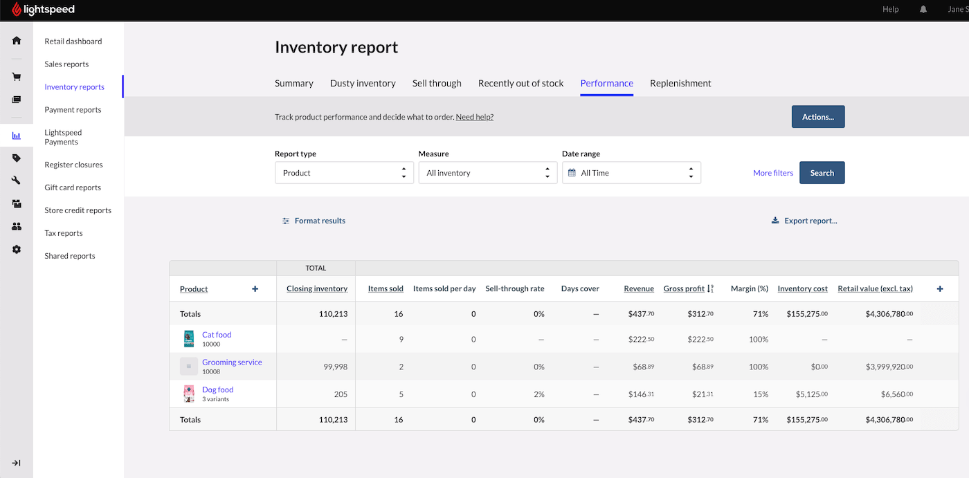 Report categories located at the Navigation bar