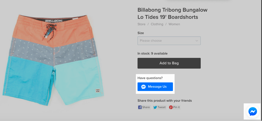 Facebook Messenger buttons on a product page in eCom
